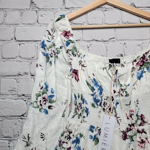 Lumiere Ivory Floral Print Peasant Decollete Top Defined Waist Dress NWT Size S - Picture 4 of 12